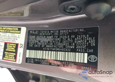 2021 Toyota Camry Se z USA, uszkodzony, nr VIN 4T1G11AK0MU485932